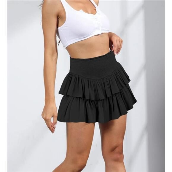 High Waist Ruffle Flowy Mini Skirts Stretchy Waist Solid Lined Layered Pleated - Picture 2 of 7